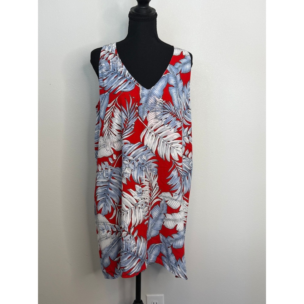 Tyche Tropical Palm Leaf Print V-Neck Sleeveless Shift Dress Red Blue Large